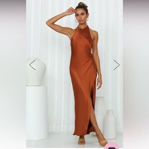 Hello Molly Light Minds Satin Midi Dress in Chocolate